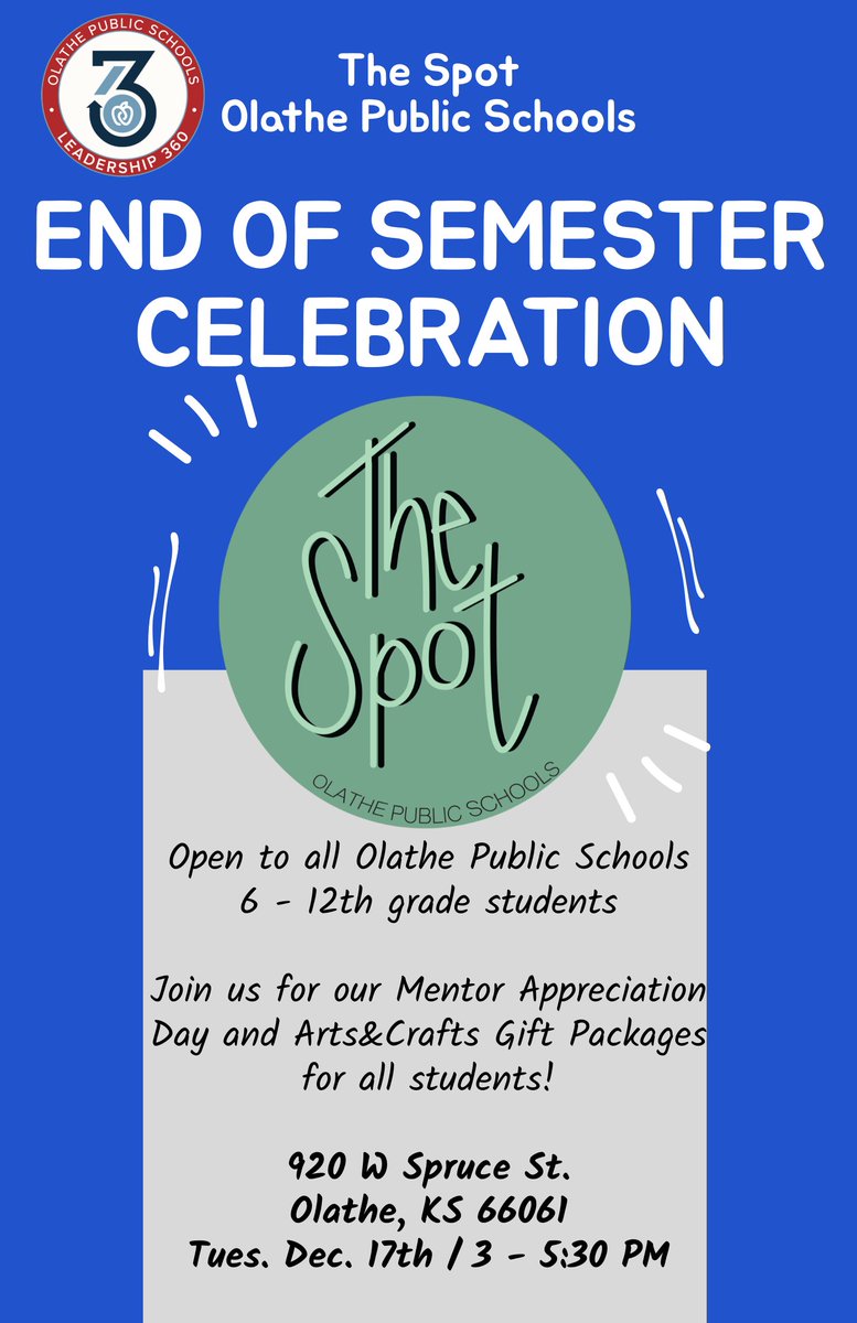 All <a href="/olatheschools/">Olathe Public Schools</a> middle and high school students are welcome to join us at our End of Semester Celebration this upcoming Tuesday, December 17th. Join us for a great session to close out 2024!