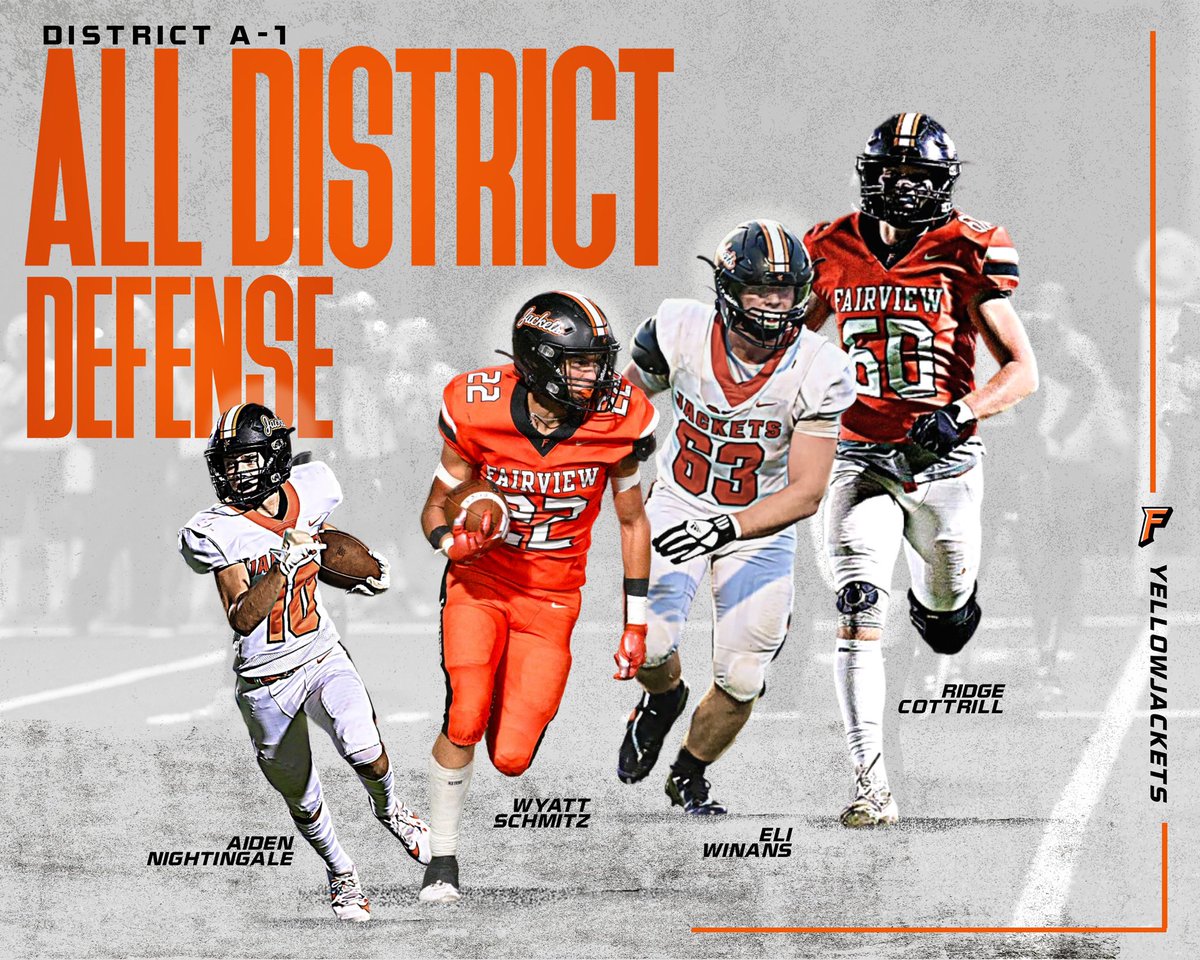 FV_athletics1's tweet photo. OSSAA Class A-1 All District Honors. #jacketfootball
ALL DISTRICT DEFENSE
Wyatt Schmitz - Defensive back, Eli Winans - Defensive Line, Aiden Nightingale- Defensive back, Ridge Cottrill - Linebacker https://t.co/YsF3C2PAc3