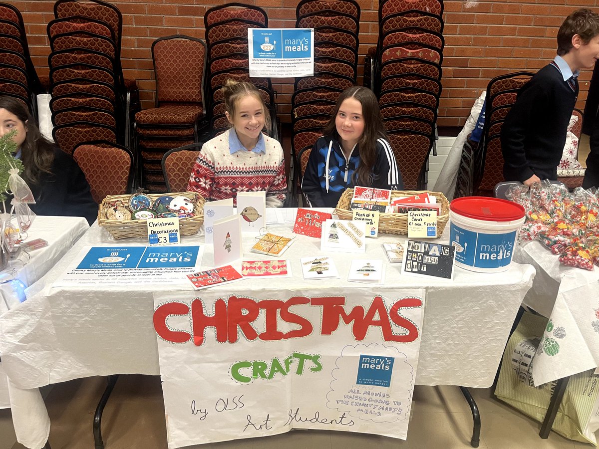 OLSSBlayney's tweet photo. OLSS students raised money for @MarysMealsIre by having a Christmas Jumper Day and selling Christmas Cards &amp; Decorations at the annual school's Christmas Craft Fair. Thank you to Patricia Friel from @MarysMealsIre for coming in to collect the monies raised #olsscharity https://t.co/akmtrjRcEp