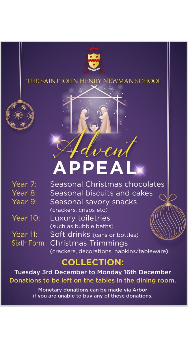 JHNChaplaincy's tweet photo. A final plea for Advent hamper donations to support families in our local community. @thejhnschool would love to make Christmas that little bit easier for as many families as possible. Thank you to everyone who has donated so far. https://t.co/OX3tpZQe9r