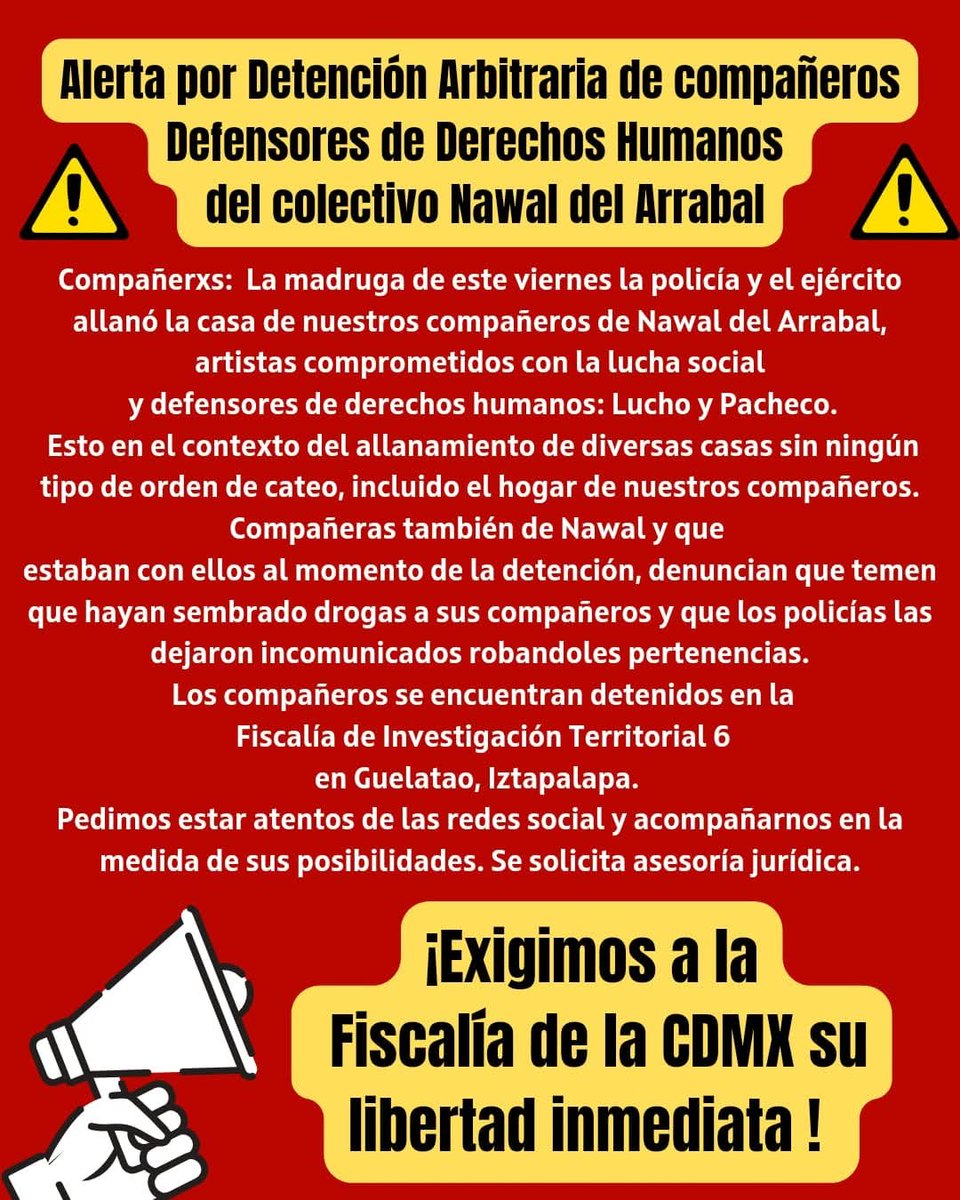 ¡¡URGENTE!!

SE SOLICITA PRESENCIA DE COMPAS SOLIDARIXS PARA ACUERPAR EL PROCESO DE NUESTROS COMPAÑEROS EN LA FISCALÍA DE INVESTIGACIÓN TERRITORIAL 6 IZTAPALAPA, GUELATAO

¡EXIGIMOS LIBERTAD INMEDIATA PARA LUCHO Y PACHECO!