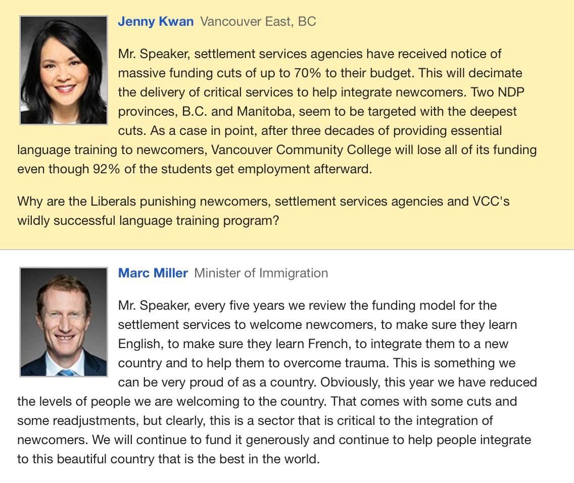 JennyKwanBC's tweet photo. Parliament 12.12.2024
Settlement services agencies have received notice of massive funding cuts of up to 70%. Why are the Liberals punishing newcomers, settlement services agencies and Vancouver community College's wildly successful language training program? https://t.co/AcA1SqL4kY