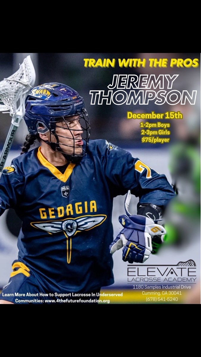 🚨 Lacrosse Clinic w/ Jeremy Thompson! 🚨
🗓️ Sunday, Dec 15 at Elevate Lacrosse Academy
🏒 Boys @ 1 PM | Girls @ 2 PM

🔥 Limited spots! $75/player (was $100!) 🔥
🎟 All participants entered to WIN a Georgia Swarm Family Pack!

Don’t miss out—register NOW! #Lacrosse