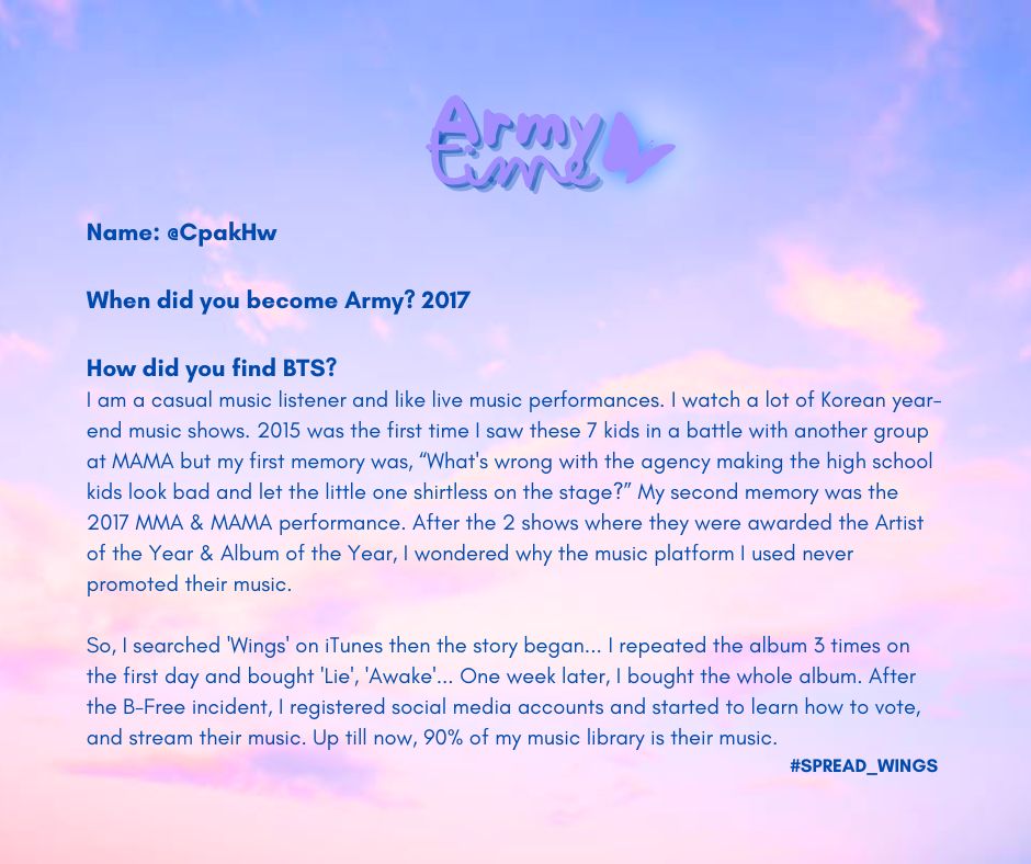 BTS_COMEBACK26's tweet photo. Welcome to our next army feature! Learn more about
@CpakHw!

Submit your army story on the community tab of this carrd!  

🔗https://t.co/AdUf8GVBuS
 #SPREAD_BTS 
#SPREAD_WINGS https://t.co/UdwBY3VS0W
