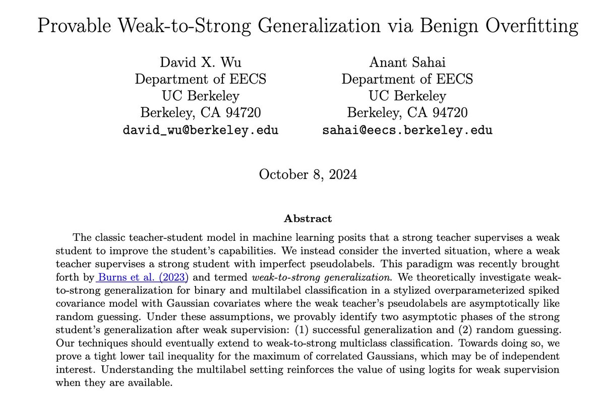dxwu_'s tweet photo. Presenting a poster about this recent work at the NeurIPS M3L Workshop tomorrow! Catch me there @ 4:00 PM if you want to hear more about provable toy models for weak-to-strong generalization. https://t.co/tEaCynxW95