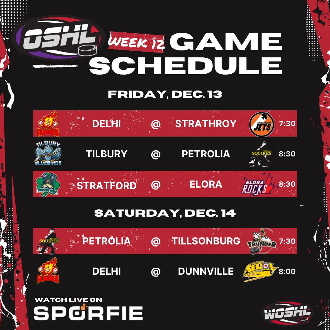 OSHL_official's tweet image. WEEK 12 SCHEDULE

It’s RIVALRY WEEK! Which matchup are you most excited about?
Catch all the action on @sporfie 

#OSHL #SuperLeague #WOSHL #COSHL #RegularSeason #Week12