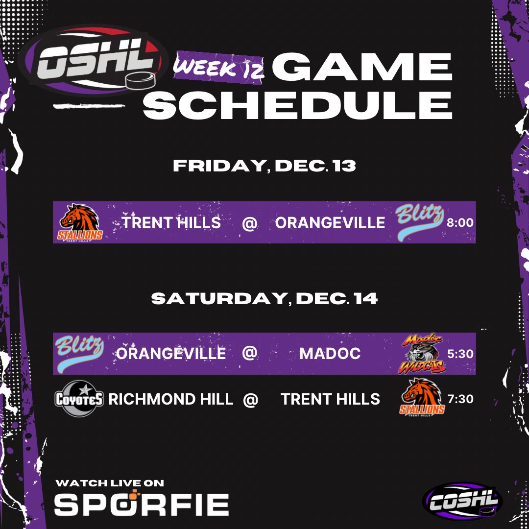 OSHL_official's tweet image. WEEK 12 SCHEDULE

It’s RIVALRY WEEK! Which matchup are you most excited about?
Catch all the action on @sporfie 

#OSHL #SuperLeague #WOSHL #COSHL #RegularSeason #Week12