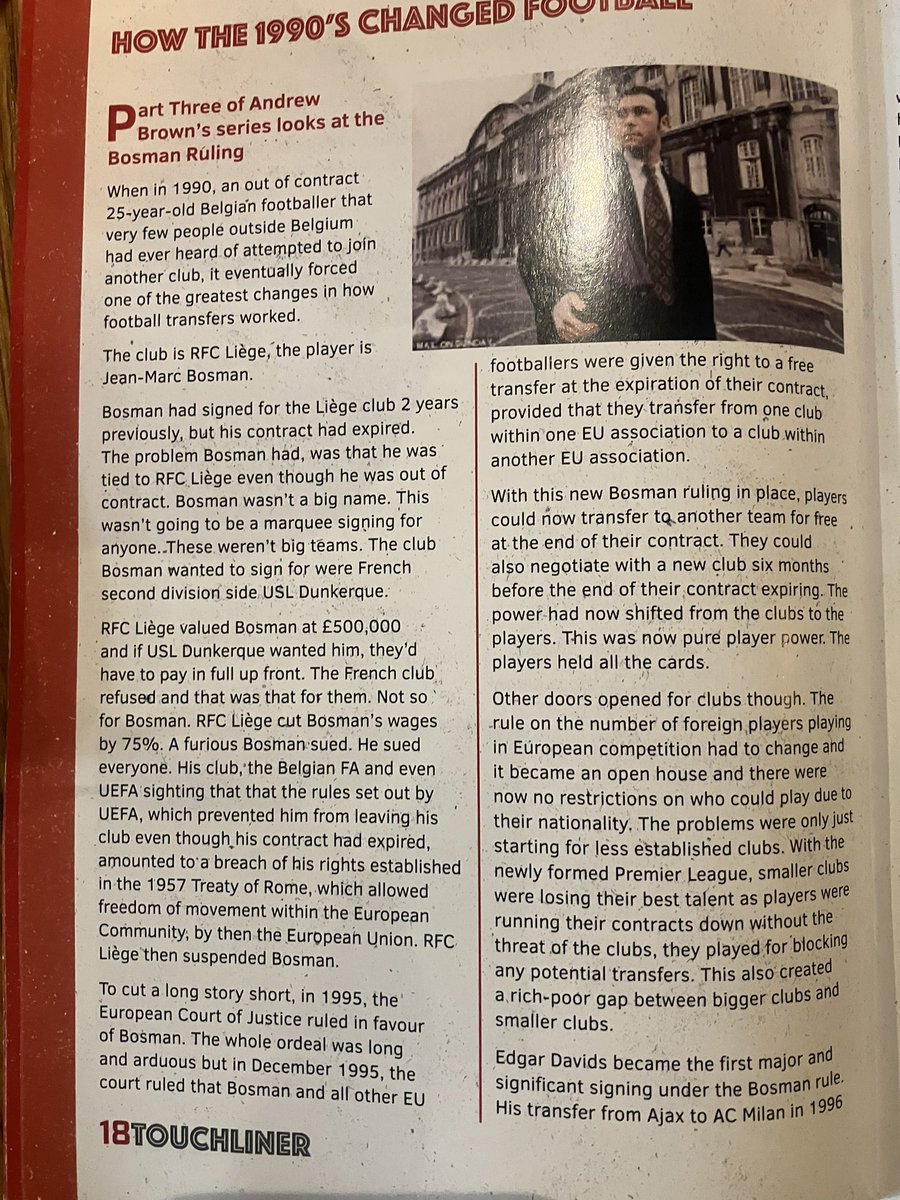 Brownyunited's tweet photo. How the 90s changed football forever part 3. The Bosman Ruling in Prestwich Heys’ match programme tonight. #Uptheheys #Bosman #Bosmanruling #NWCL #Matchprogramme #Football https://t.co/ry87psmOms