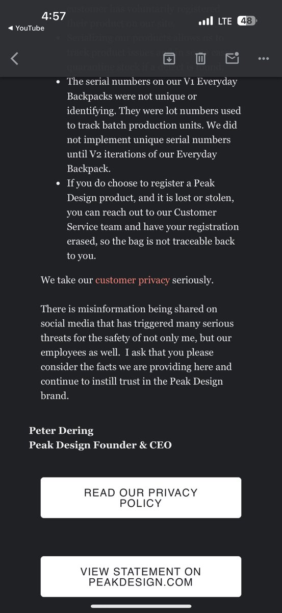 Peak Design founder and CEO Peter Dering has just issued a statement via email