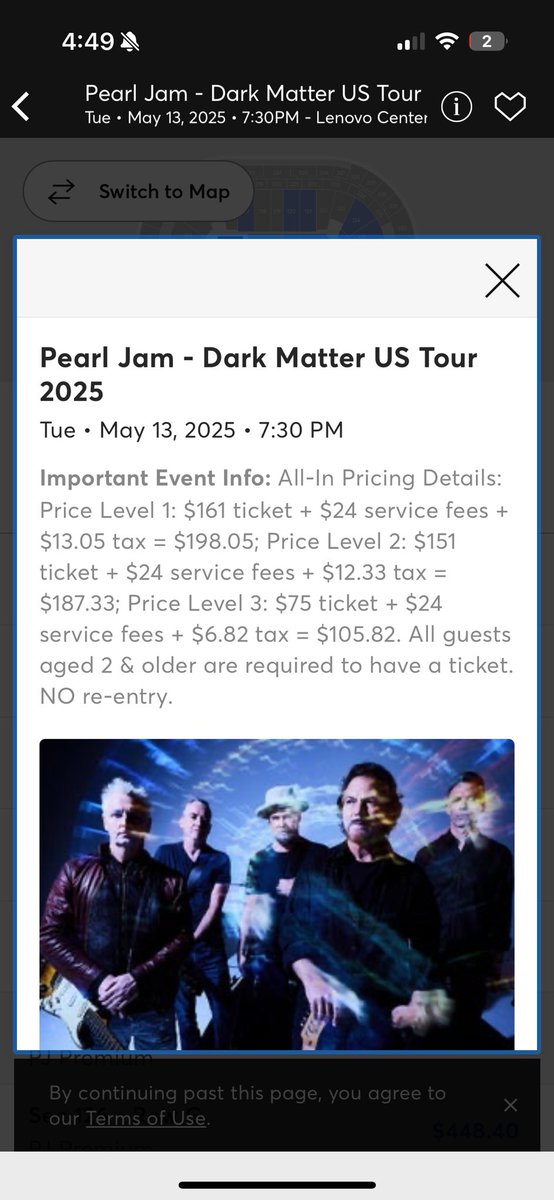 athinson's tweet photo. Looks like #Ticketmaster is using dynamic pricing to rob people blind. All tickets in similar sections are the same price, so it can’t be scalpers. @Ticketmaster @TMFanSupport @PearlJam @JamBase https://t.co/sQJfqrrtsr