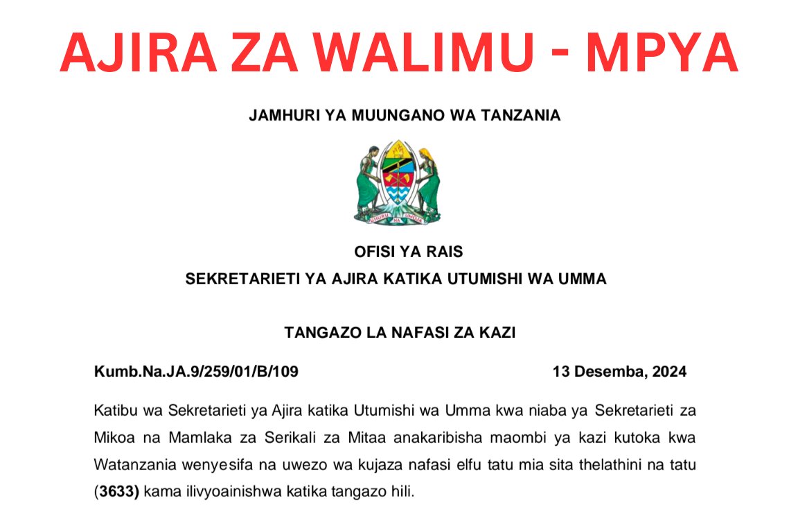 NAFASI MPYA 3600 ZA WALIMU WA MASOMO MBALIMBALI

WALIOSOMEA MASOMO YA BIASHARA, 90% YA AJIRA HIZI NI ZA KWENU ✔️

Link ya PDF + KUAPPLY ➠ shorturl.at/mriUJ 

KWA USAIDIZI WA KUAPPLY, KUFUNGUA ACCOUNT YA AJIRA PORTAL, KARIBU! ➠ wa.me/message/KPBYLK…