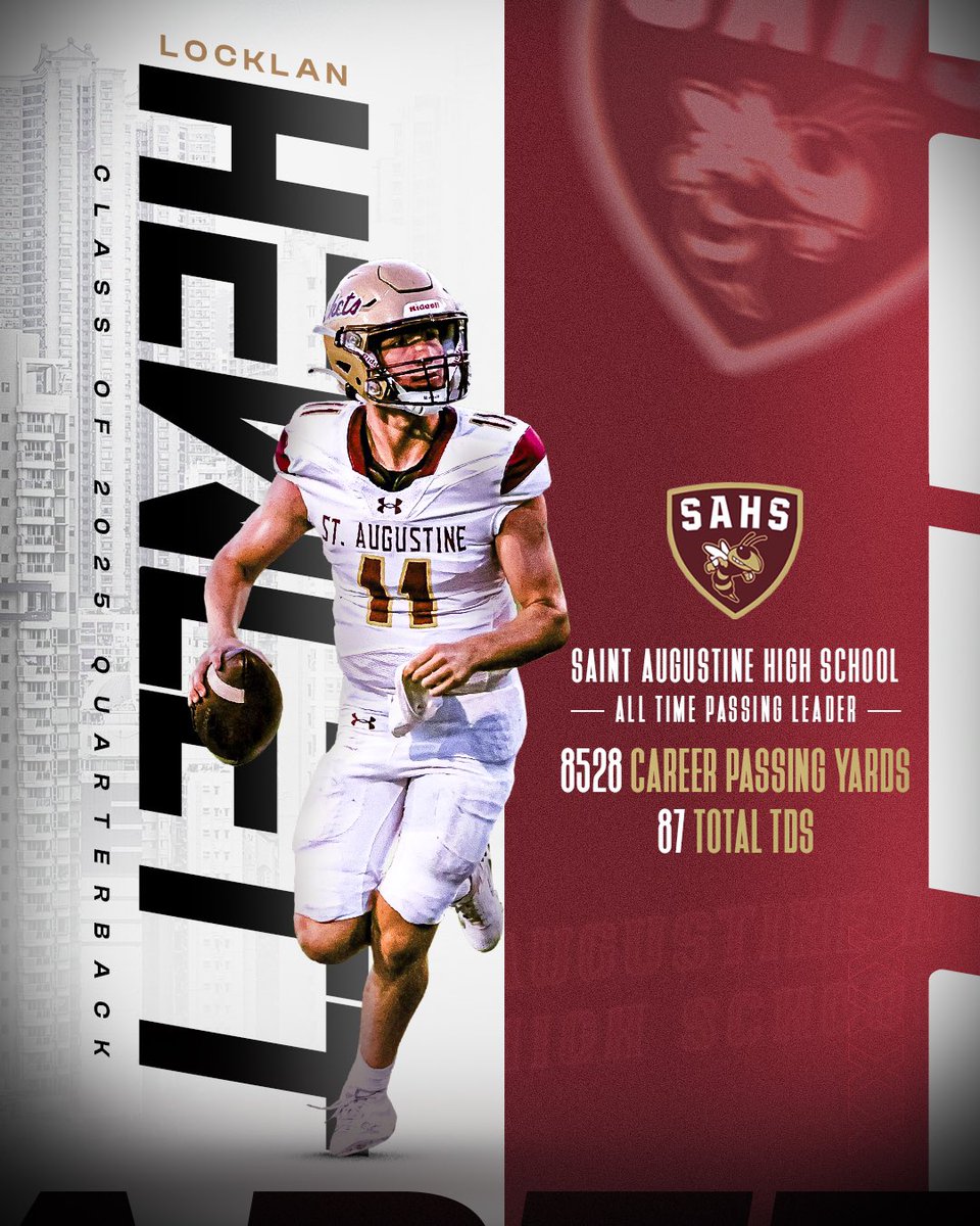 25’ QB Locklan Hewlett, <a href="/LocklanHewlett/">Locklan Hewlett</a> has carried the responsibility of QB at St. Augustine High with honor and conviction. 

He finishes his career having passed for 8528 Yds 87 TD’s, leaving him amongst the best to play in the county.

<a href="/USFFootball/">USF Football</a>, you guys got a good one!