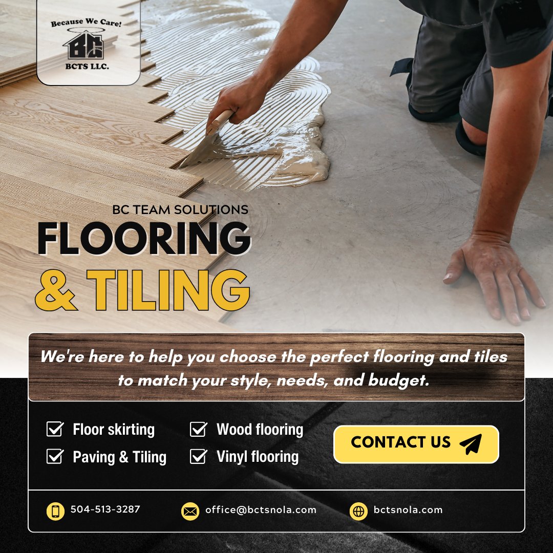 BCTeamSolutions's tweet image. Looking for reliable flooring solutions in Louisiana? 🏠 BC Team Solutions has you covered with quality and affordability. Call 504-513-3287 today for a quote! Let’s get your floors just right. #FlooringServices #LouisianaHomes #BCTeamSolutions