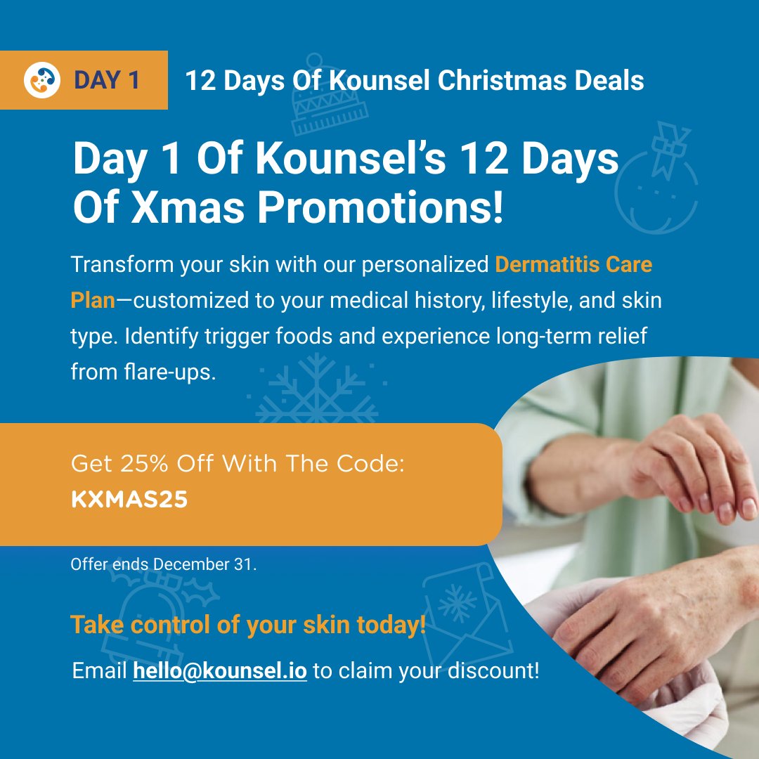 kounsel's tweet photo. 🎄Day 1 of Kounsel's 12 Days of Xmas Deals! 🎄

This holiday season, ditch the itchy misery! Give your skin the gift of relief with 25% off our personalized Dermatitis Care Plan! 

 ✨Don't wait! Grab your plan at 25% off: https://t.co/DgDoehYC1p https://t.co/1V7wib7hkK