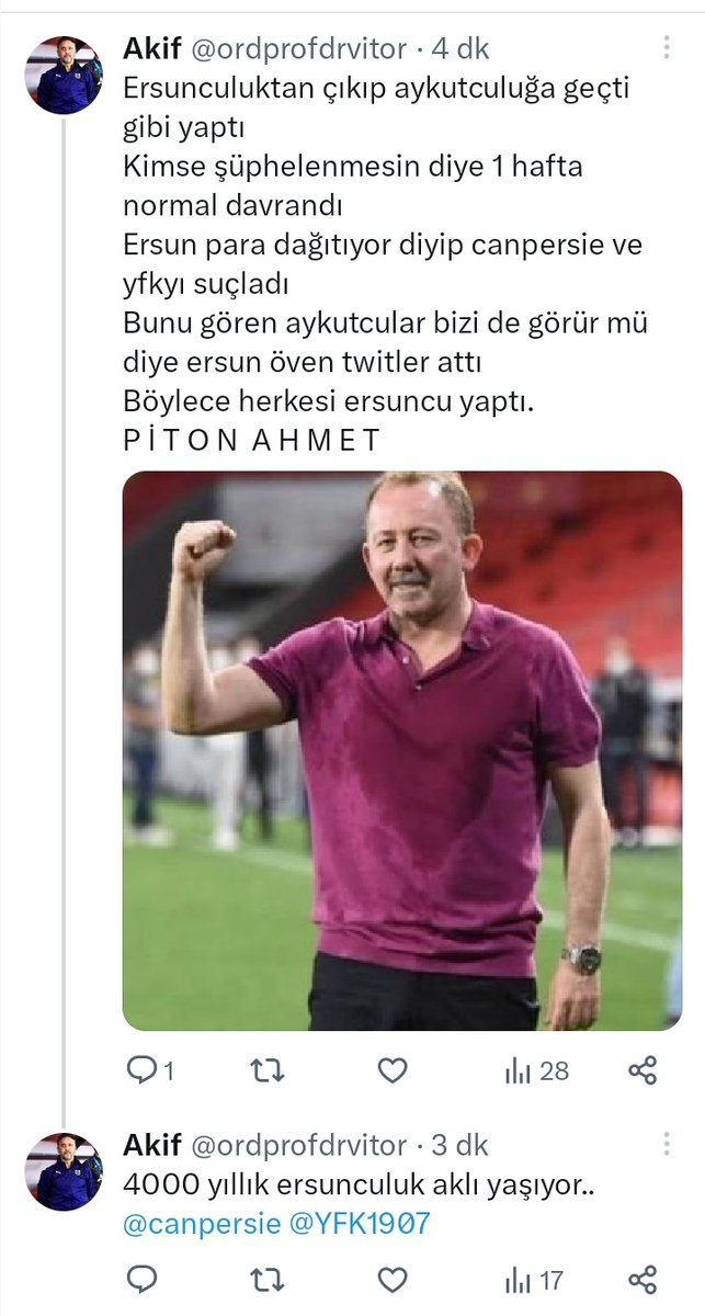 pitongen's tweet photo. Piton Ahmet

- Fanatik ersunculuğuyla bilinen Piton 20-21 sezonunda Erol'u ve #DefolEmre tagıyla Emreyi yemesiyle burda ünlenmiştir. Kanaat önderliği, ajanlık, trollük ve mizah gibi birçok faaliyet yapmıştır. Kazımcılığı 22-23 sezonunda bırakmıştır ve bırakırken de tabutuna son çiviyi çakmıştır. Şu an Sergen Yalçın mürididir, aklı başında Fenerbahçelilerin genel olarak sevdiği bi profildir