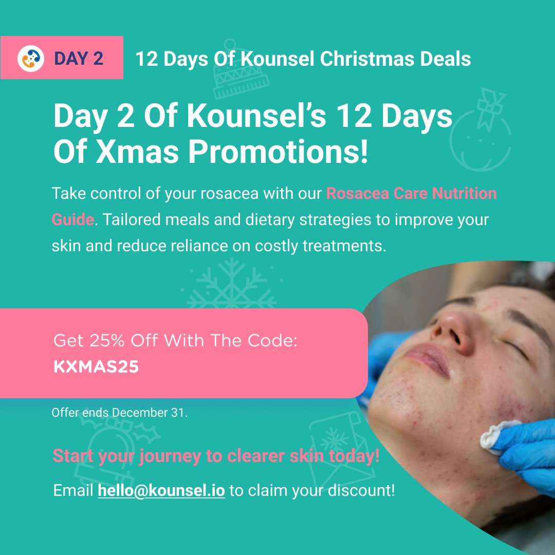 kounsel's tweet photo. 🎄Day 2 of Kounsel's 12 Days of Xmas Deals! 🎄
Don’t let winter dryness worsen your rosacea! Reveal smoother, glowing skin with Kounsel’s Rosacea Care Nutrition Guide, now 25% off for Day 2 of our Christmas Deals!
✨ Get clearer skin today:  https://t.co/ihs21DFpwg https://t.co/SoRStTKcoe