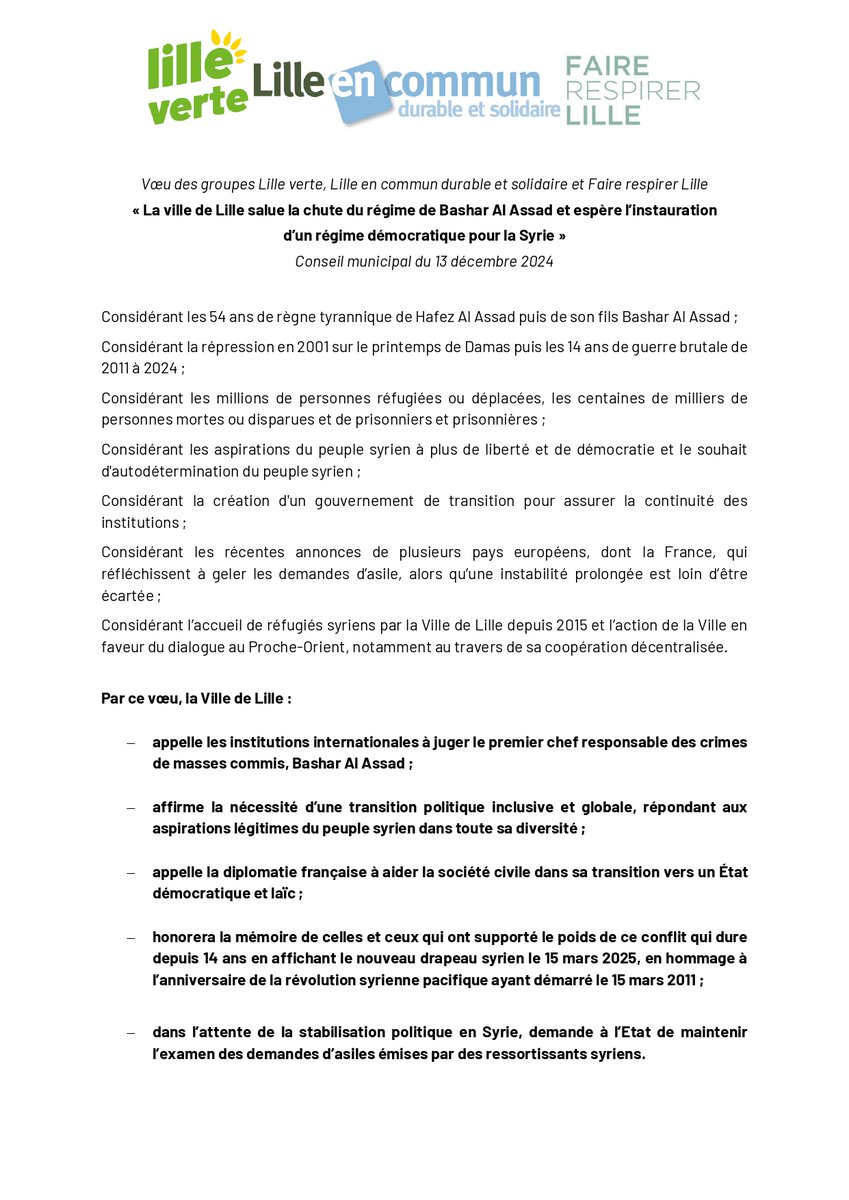 A l'unanimité, le #CMLille salue la chute du régime de Bashar Al Assad et espère l'instauration d'un régime démocratique en #Syrie.
#LilleSolidaire 

Retrouvez le voeu porté par <a href="/Maldandachi/">Maroin Al Dandachi 🌻</a> et cosigné par les 3 groupes ⤵️