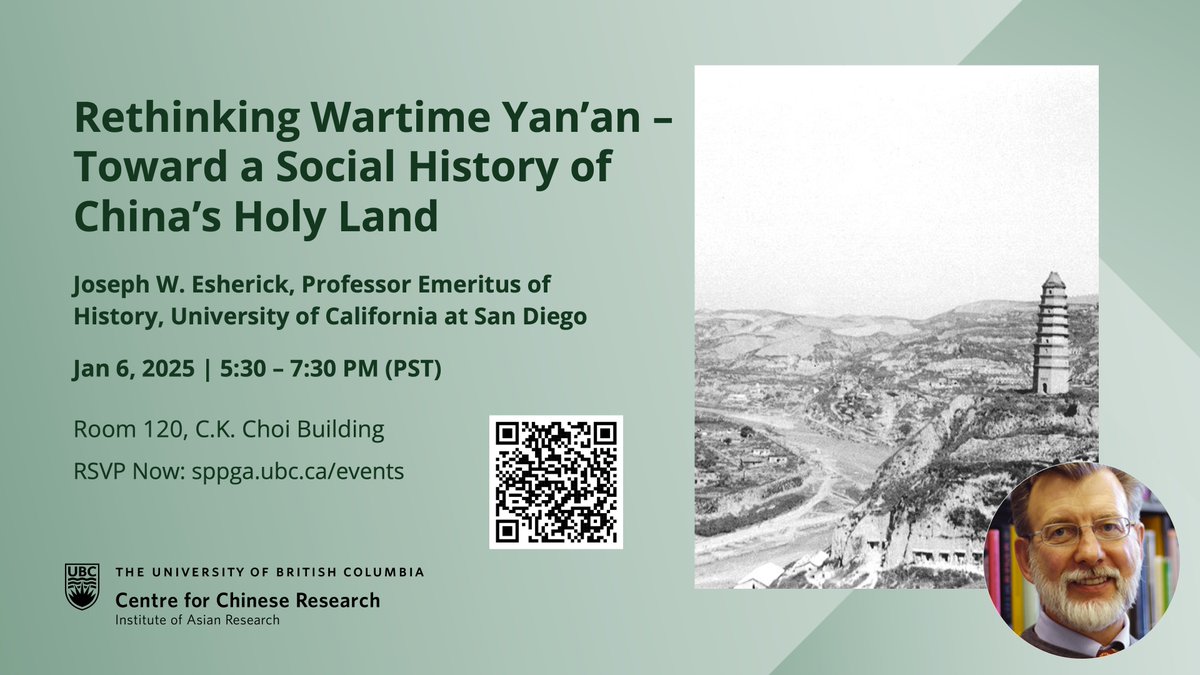 UBC_CCR's tweet photo. Please join us on Monday, January 6th for a public lecture hosted by Professor Emeritus of History, Dr. Joseph W. Esherick, "Rethinking Wartime Yan’an – Toward a Social History of China’s Holy Land". More information: https://t.co/KNbP3QSY8L
@ubcSPPGA https://t.co/F1CGJIJrVm