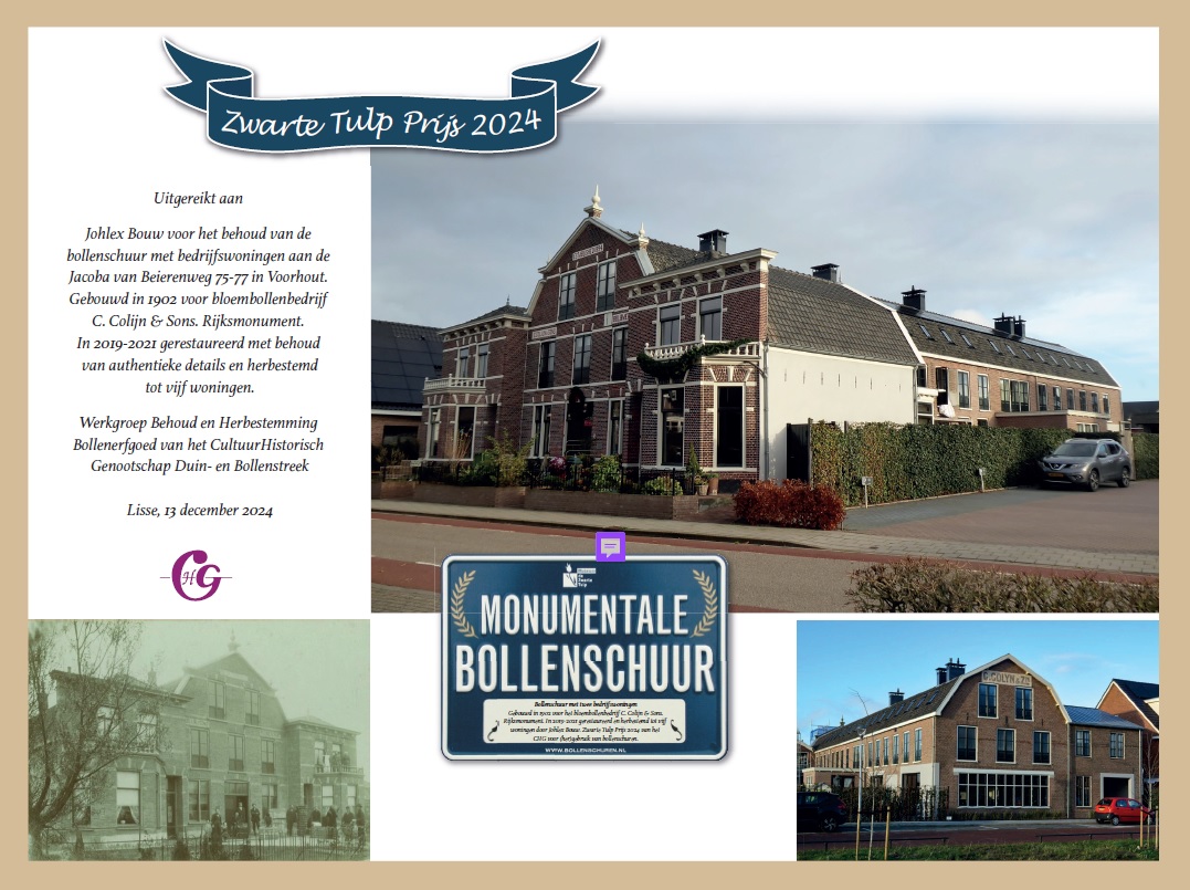 Wethouder Erfgoed, Reny Wietsma van de <a href="/gem_teylingen/">Gemeente Teylingen</a>  overhandigde de Zwarte Tulp Prijs 2024 aan Johlex Bouw. Dit bedrijf restaureerde de bollenschuur en gaf die een nieuwe bestemming 2/2