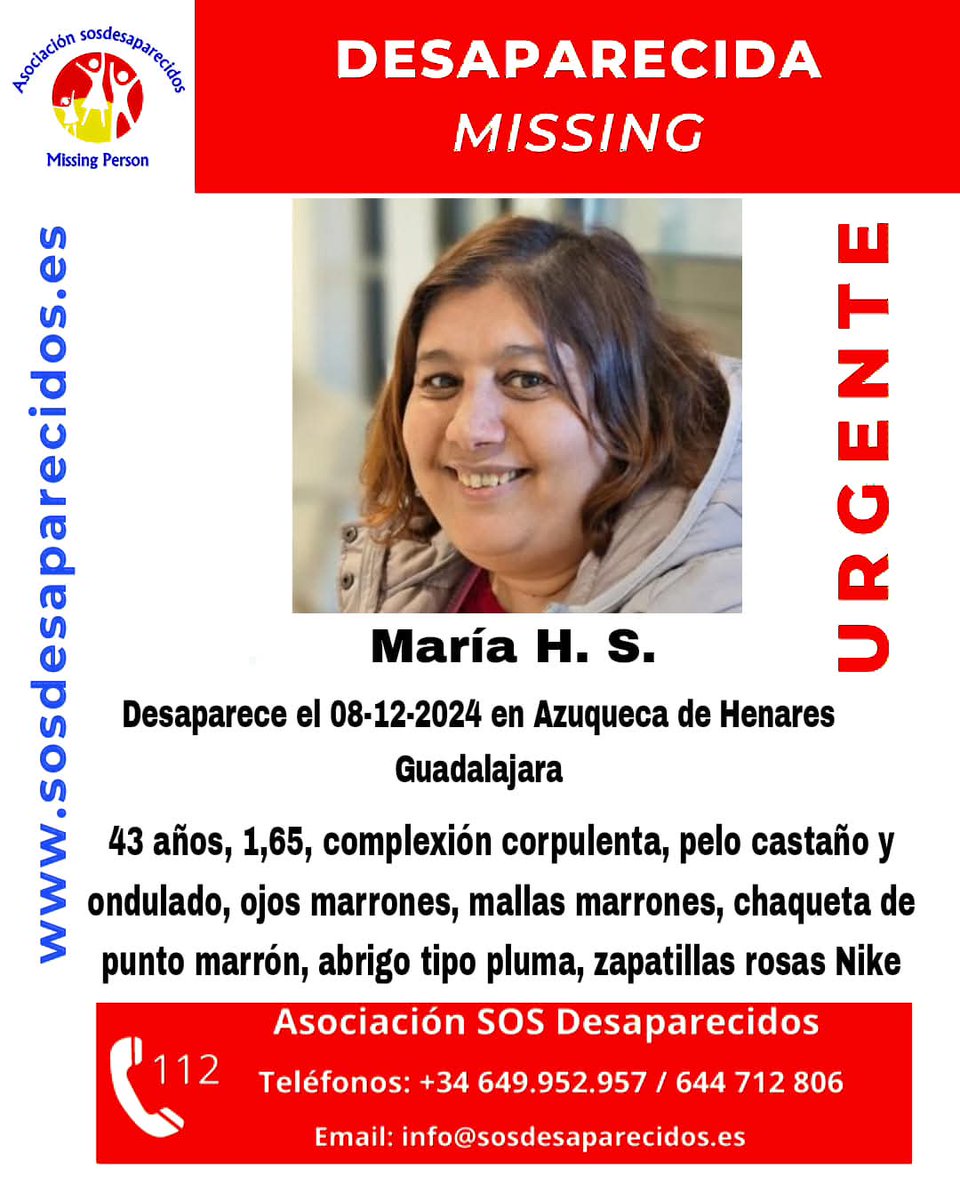 🆘 DESAPARECIDA🆘  Maria H.S de 43 años desapareció el pasado 8 de diciembre en Azuqueca de Henares (Guadalajara). <a href="/sosdesaparecido/">ALERTA DESAPARECIDOS</a> <a href="/SerGuadalajara/">SER Guadalajara</a> <a href="/NuevaAlcarria/">Nueva Alcarria</a> <a href="/CMM_noticias/">Noticias CMM</a> @Eldiadigital_es <a href="/guadaque/">Guadaqué</a> <a href="/Guadared_info/">Guadared</a>