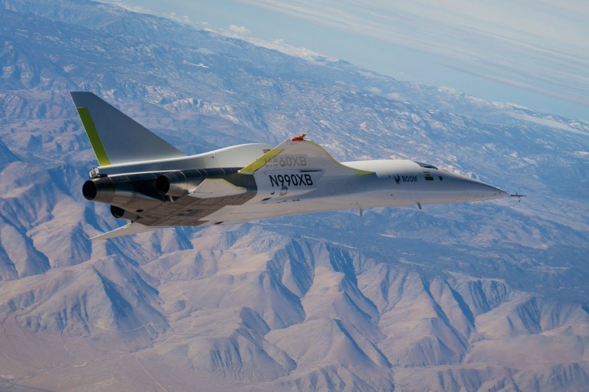 bscholl's tweet photo. Today XB-1 reached a new top speed of Mach 0.868—faster than any Boeing or Airbus. The flight lasted over 55 minutes and reached an altitude of 27,716ft.

Today's beta air-to-air livestream was amazing, can't wait to share this with y'all.

Supersonic, here we come! (1/3)