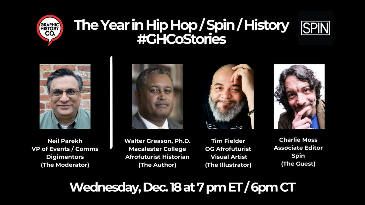 GraphicHisCo's tweet image. 1/x Join us for another #GHCoStories event on Wed, Dec. 18 at 7pm ET / 6pm CT. @chachimoss from @SPIN, @walterdgreason from @macalester and @Dieselfunk. Moderated and produced by @neilparekh / @digimentors.
Watch Live (or later) on FB, TW, LI, YT, IG:
graphichistorycompany.com/ghcostories
