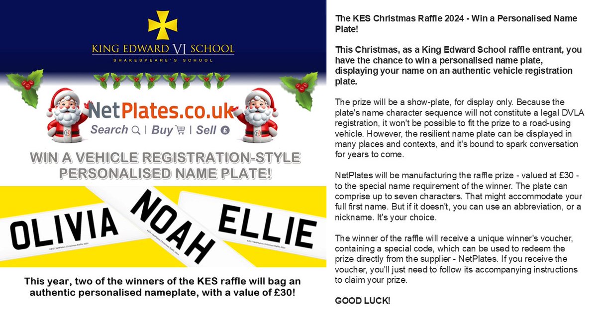 KES_FoKES's tweet photo. Would you like the chance to win a show plate displaying your name from NetPlates? The FoKES Christmas Raffle has a show plate each for 2 lucky winners.  Tickets still available at ParentPay and ShopKES at just £1 each.   #KES https://t.co/daWAWPnUr2
