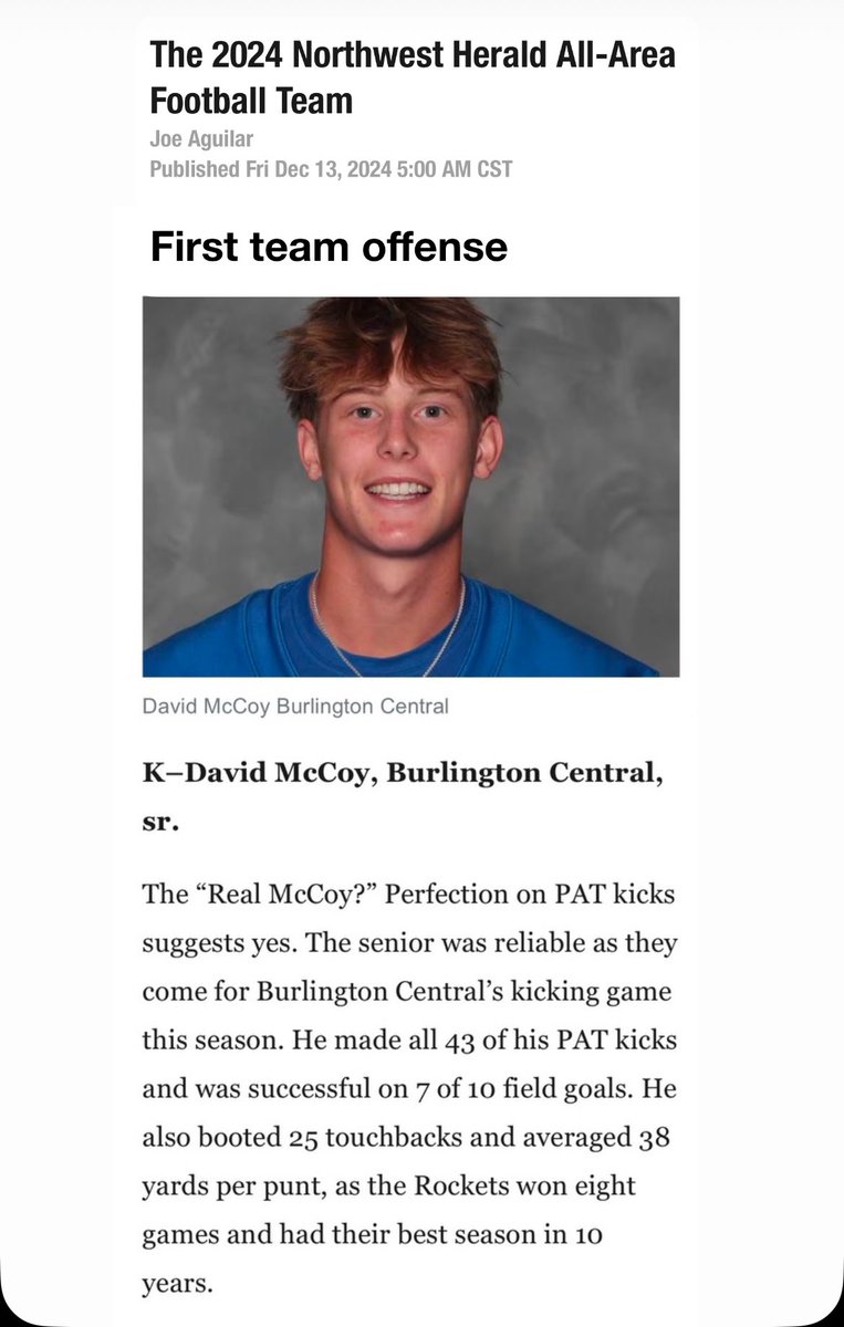 Excited to have received First Team Offense All Area! <a href="/Coach_Yos/">Brian Iossi</a> <a href="/CHSFootball100/">Central Rockets - Football</a> <a href="/KohlsHighlights/">Kicking, Punting, Long Snapping Highlights</a> <a href="/CSKRECRUITING/">Chris Sailer Kicking Consulting</a>
