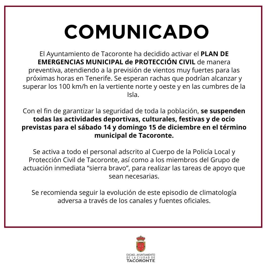 #Tacoronte suspende la actividad deportiva, cultural y de ocio durante todo el fin de semana por alerta por #vientos 

Se activa el #PEMU así como a la Policía Local, Protección Civil y el grupo de actuación Sierra Bravo.

Rogamos máxima precaución 
<a href="/AEMET_Canarias/">AEMET Canarias</a> <a href="/112canarias/">112 Canarias</a>