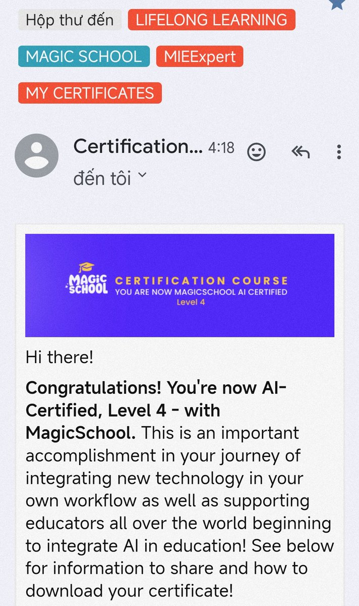 I'm excited to announce that I have completed the MagicSchool AI Certification Course (Level 4). <a href="/magicschoolai/">MagicSchool AI 💜 🪄✨</a> is the leading AI platform for educators - helping teachers lesson plan, differentiate, communicate clearly, and more!
#AI #MagicSchool 
#AIforEducation #AItools