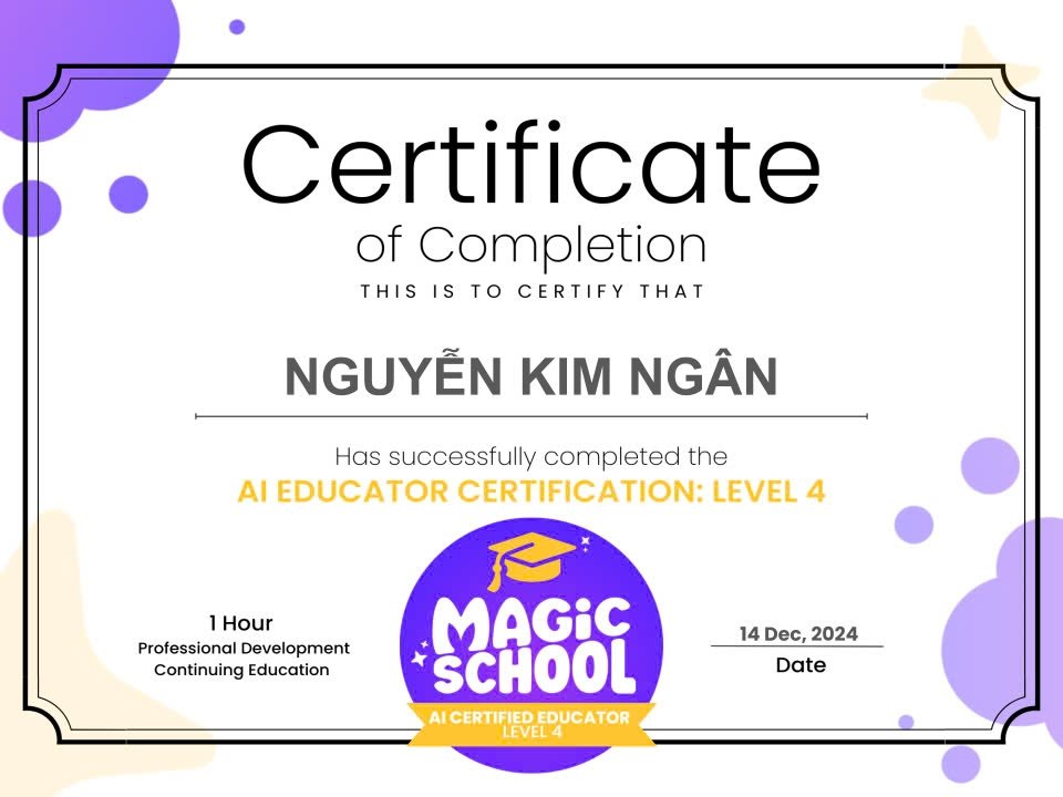 iamnkimngan3883's tweet photo. I'm excited to announce that I have completed the MagicSchool AI Certification Course (Level 4). @magicschoolai is the leading AI platform for educators - helping teachers lesson plan, differentiate, communicate clearly, and more!
#AI #MagicSchool 
#AIforEducation #AItools https://t.co/OXnigWfqmc