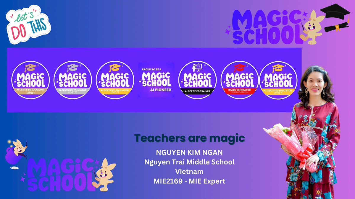 iamnkimngan3883's tweet photo. I'm excited to announce that I have completed the MagicSchool AI Certification Course (Level 4). @magicschoolai is the leading AI platform for educators - helping teachers lesson plan, differentiate, communicate clearly, and more!
#AI #MagicSchool 
#AIforEducation #AItools https://t.co/OXnigWfqmc