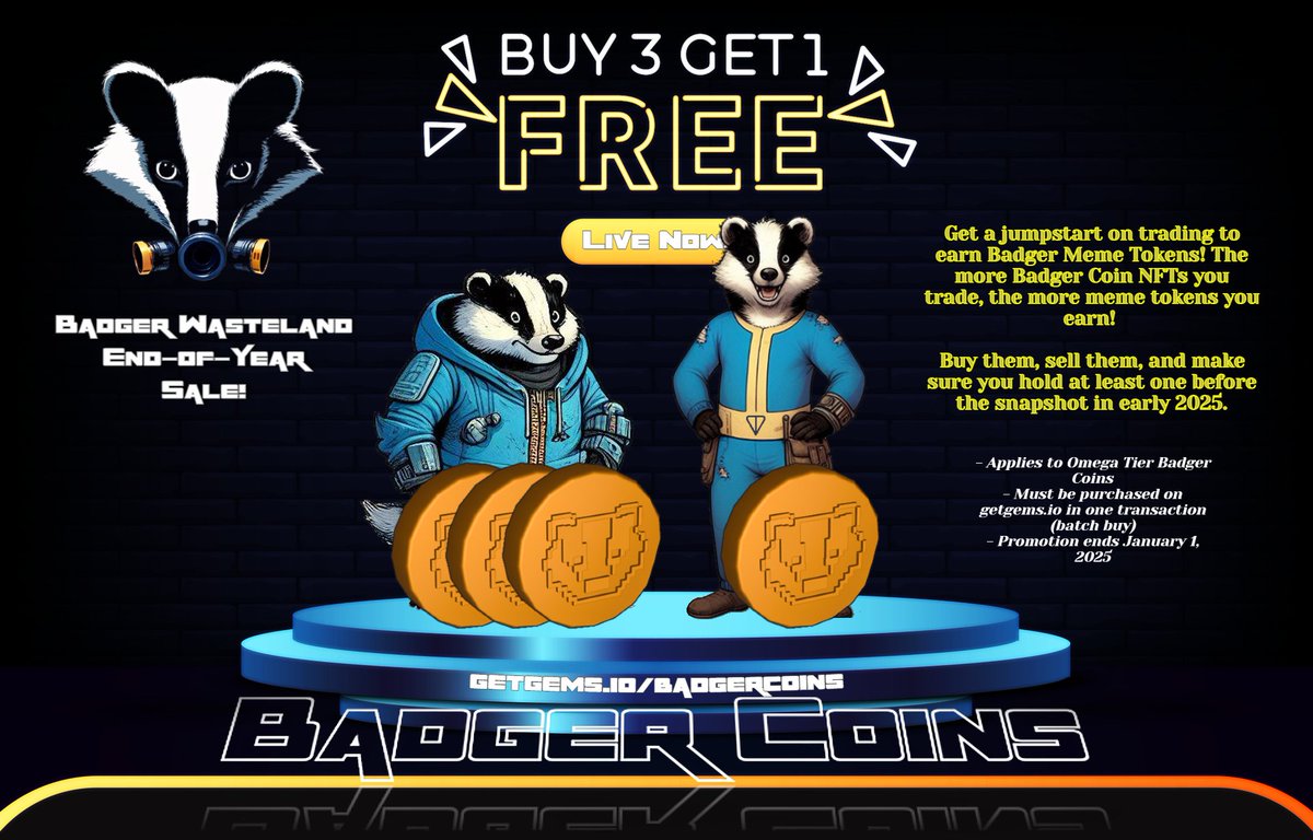 ⚠️ Our End-of-Year Sale is happening now! ⚠️

Take advantage of this great deal to: 
1) Stock up on Badger Coins for Beta Tier Mining
2) Get a jumpstart on Badger Coin trading to earn meme coins with every trade
3) Have flexibility to trade several and hodl one for snapshot
4)