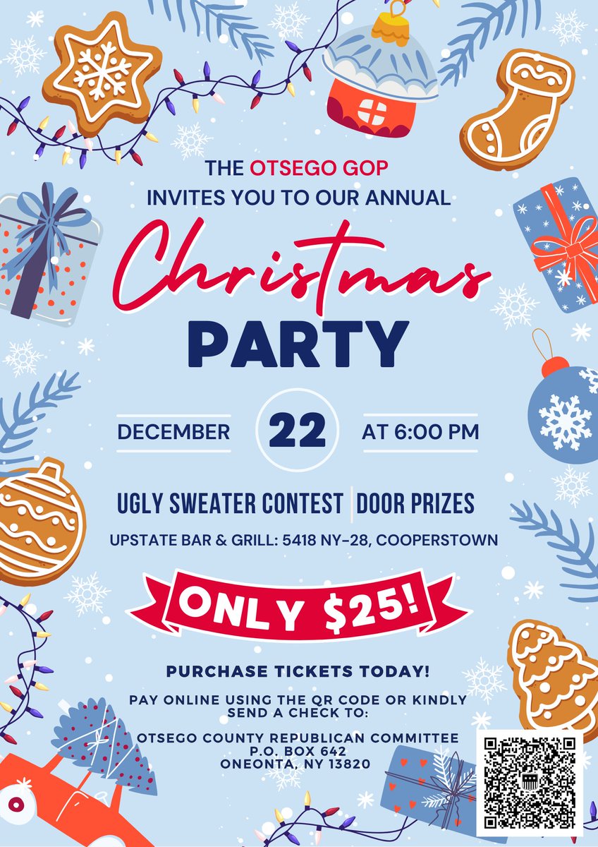 OtsegoCountyGOP's tweet photo. 🎁🎄The holiday season is here and we’re ready to celebrate #Republican style! Join us on Sunday, December 22nd for our annual Otsego GOP Christmas Party Fundraiser! 🎄🎁

TICKETS: 
https://t.co/V0dBD6WRdf https://t.co/pQfc18oD1g