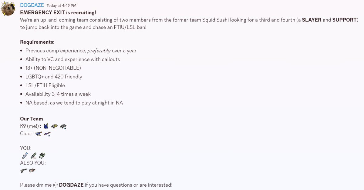Are you interested in joining a new est. D6-8 project with a close-knit community and analytical coaching?

We're hiring new staff! (team members!)
Feel free to dm DOGDAZE on discord or <a href="/K9_DOGDAZE/">benny dogman 🐕🦈</a> here if you're interested in trying out or simply hanging out!
<a href="/Spl_Teams/">SPL Team and FA Finder</a>