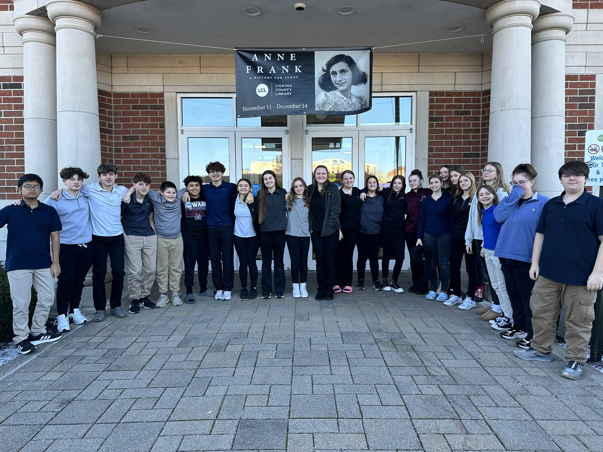 KBiehle's tweet photo. Liberty eighth grade students visited the Anne Frank exhibit currently on display at the Newark Library. Thanks to @LCLibrary101 for organizing and opening early for us! https://t.co/sIkvTuFkPK
