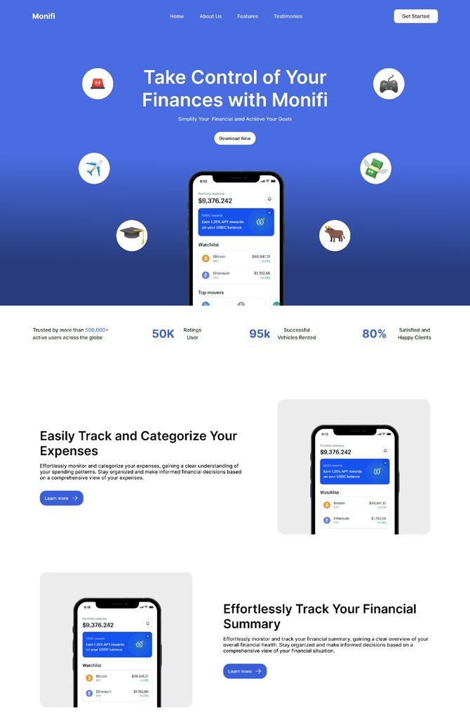 Hey everyone!🤩  
I'm excited to share that it's day 18 of my 30-day consistency challenge! Today, I designed a landing page for a fintech company called Monifi.
#LandingPage #WebsiteDesign #uiuxdesign