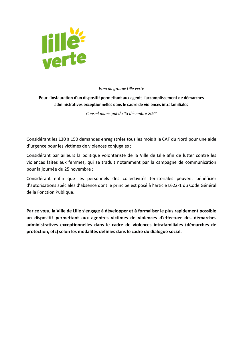 ➡️ 128 femmes ont été victimes de féminicides depuis le début de l’année ;

➡️ 1 enfant meurt chaque semaine sous les coups de ses parents.

Cette réalité sociale est dure, la réponse à apporter est urgente. Découvrez le vœu que nous présentons ce soir au #CMLille <a href="/CAMARAMlissa2/">Mélissa CAMARA</a>