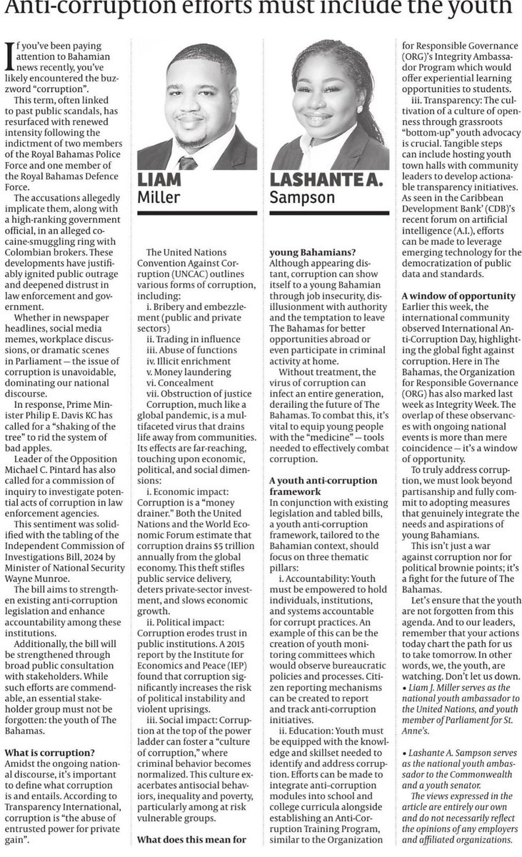 Engaging youth in combatting corruption and promoting integrity is key to national progress! Here's a great read by National Youth Ambassadors Liam Miller and Lashante Sampson!