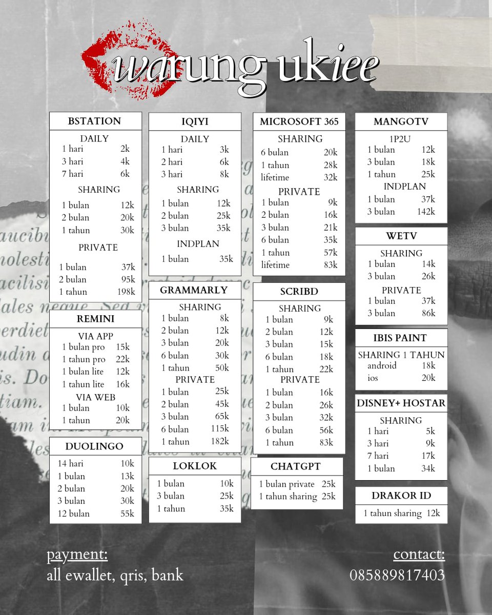 AVAIL QRIS WTS APK PREM, PULSA, KUOTA, TOKEN LISTRIK ADA SEWA AKUN HARIAN BULANAN. NETFLIX, YOUTUBE, CANVA, VIU, ALIGHT MOTION, CAPCUT, SPOTIFY, DAZZCAM, OLDROLL.

pl : padlet.com/warungukiee/wa…

☎️ : wa.me/6285889817403

#zonauang #zonaba #zonajajanᅠ