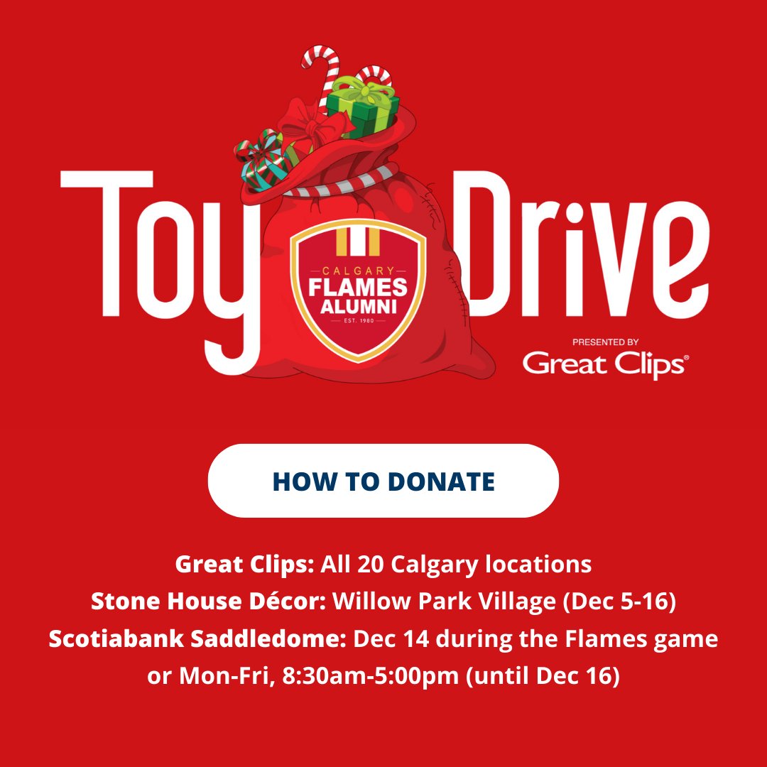 Calgary Police Youth Foundation (@cpfyyc) on Twitter photo The Calgary Flames Alumni Toy Drive is Back! 🎁 We’re thrilled to partner with the <a href="/AlumniFlames/">Flames Alumni</a> to spread holiday cheer for families in need. Help us fill hampers for 25 families which will be delivered with CPS officers on Christmas Eve!
Learn more: calgaryflamesalumni.com/toydrive/ The Calgary Flames Alumni Toy Drive is Back! 🎁 We’re thrilled to partner with the <a href="/AlumniFlames/">Flames Alumni</a> to spread holiday cheer for families in need. Help us fill hampers for 25 families which will be delivered with CPS officers on Christmas Eve!
Learn more: calgaryflamesalumni.com/toydrive/