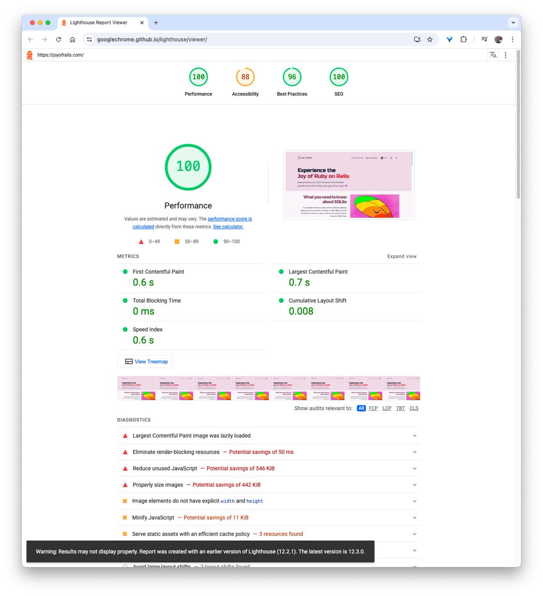 Made some nice improvements to the Lighthouse score for the Joy of Rails homepage today. Biggest different was optimizing the article illustrations.