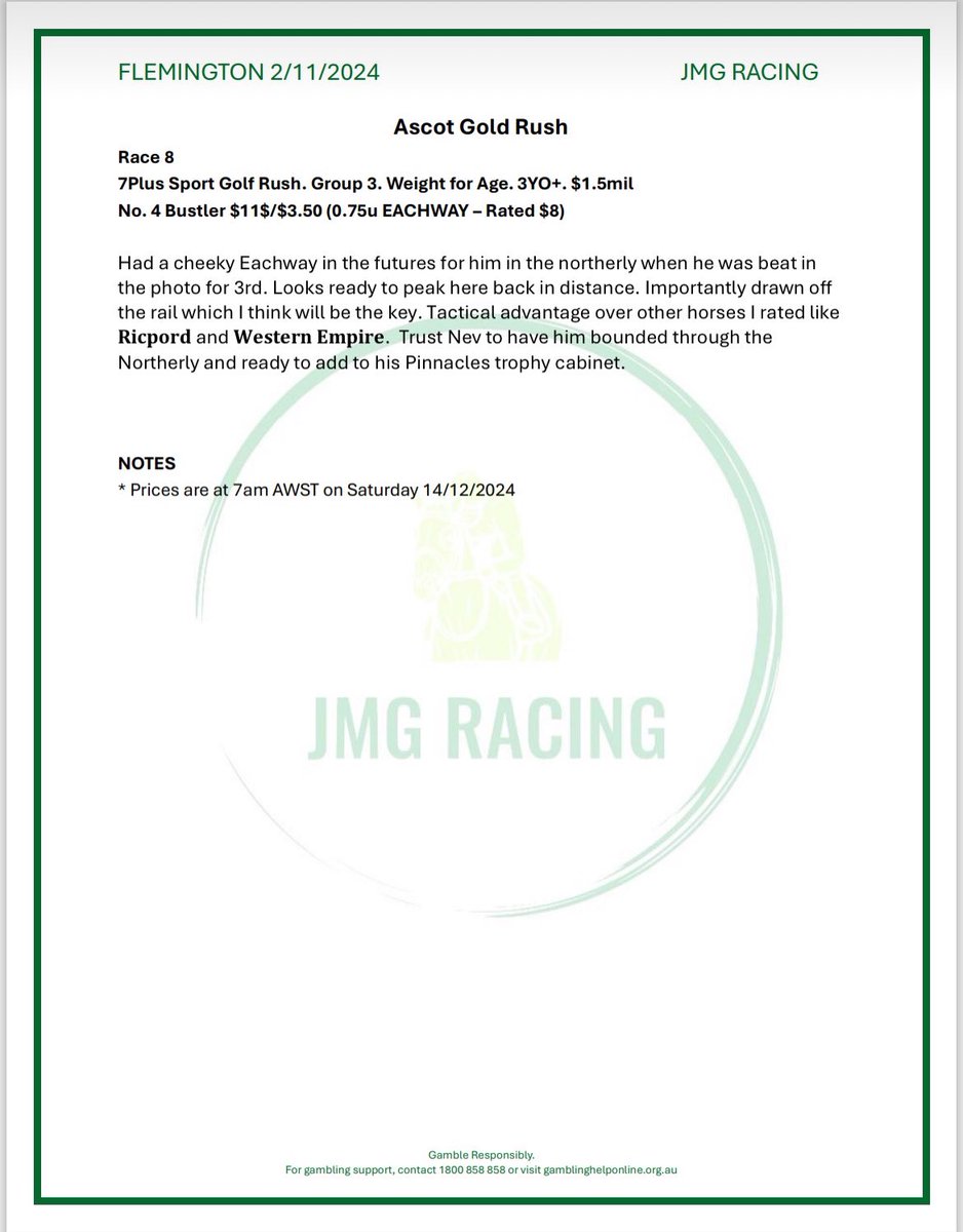 ASCOT PREVIEW 14/12

Little high quality racing over in Victoria again so heading over to Ascot for the Group 3 Gold Rush where we believe we have found some value in No. 4 Bustler 💰

Good luck

#GoldRush #RacingTips