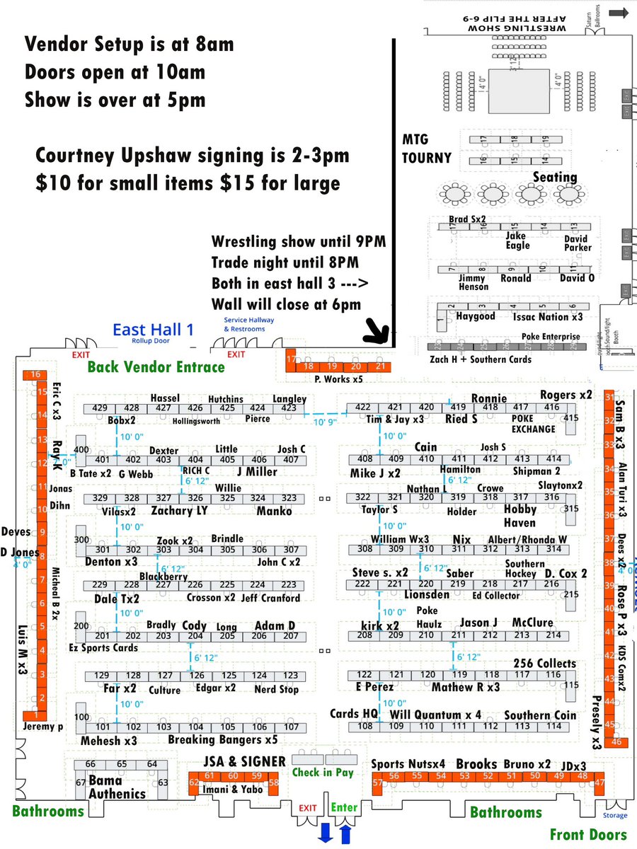 Vendor layout subject to change. Be on the look out for a post soon about parking/loading and unloading. The city has marathon that’s going to change our normal routine. Von Braun Center will have extra staff to help direct people as well. Please contact them with any questions.