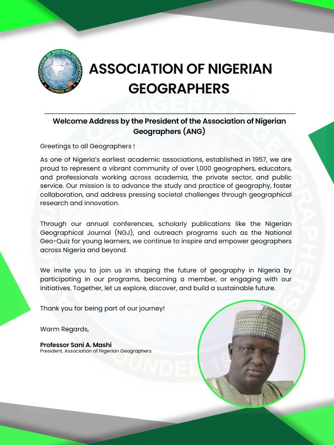 ANGNigeria's tweet photo. Welcome message from our President!
#ANGNigeria #NigerianGeographers #Geography #ANGNigeria #EarthScience #Sustainability https://t.co/we5yWskfkU