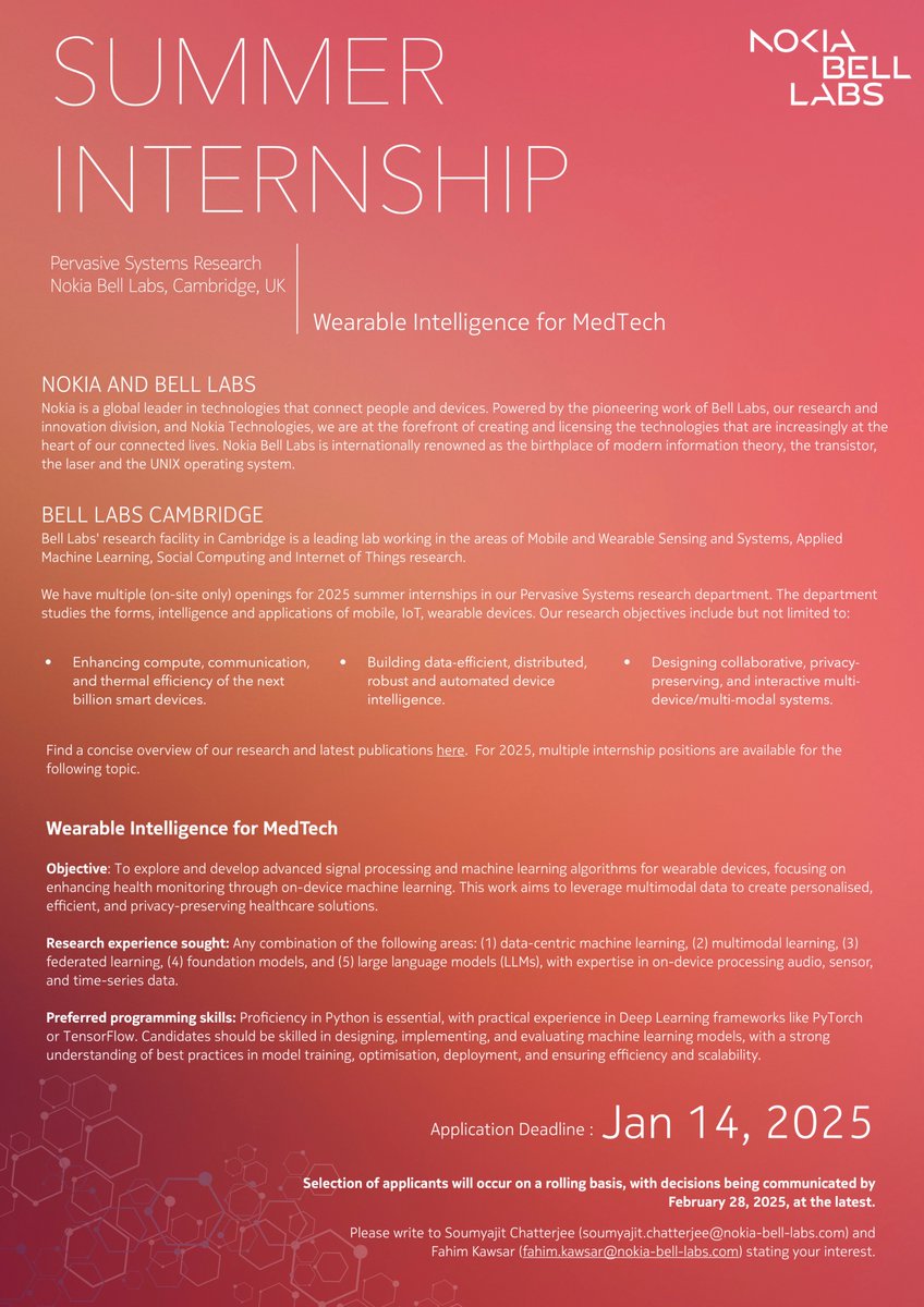 We are accepting applications for summer internship at Nokia Bell Labs Cambridge, UK. If you are enrolled in a PhD program and interested in wearable intelligence please drop me an email with your updated CV and research interest.