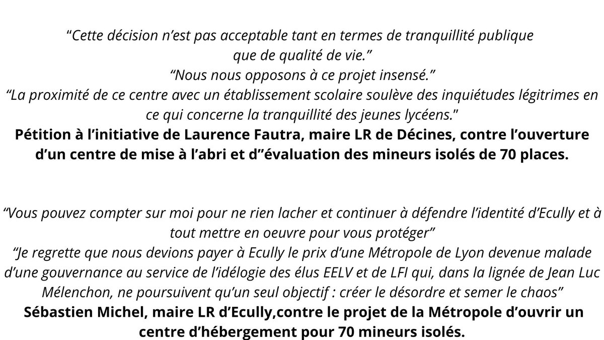 Honte aux maires d'Ecully et Décines qui s'opposent à l'accueil de mineurs isolés par des arguments scandaleux !
Face a la droite "décomplexée", soyons nombreux ce samedi 14 à 14h30 place Bellecour en manifestation contre la xenophobie !
Notre pays s'appelle solidarité.