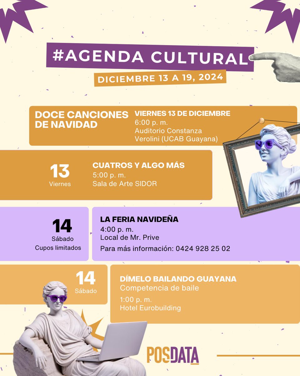 Posdatapzo's tweet photo. Agenda de la semana, mi gente 🫡

Diciembre es el mes de la cultura e. Venezuela, así que no pierdan la oportunidad de apoyar el arte local en Puerto Ordaz. https://t.co/5tGCzg7Gvv