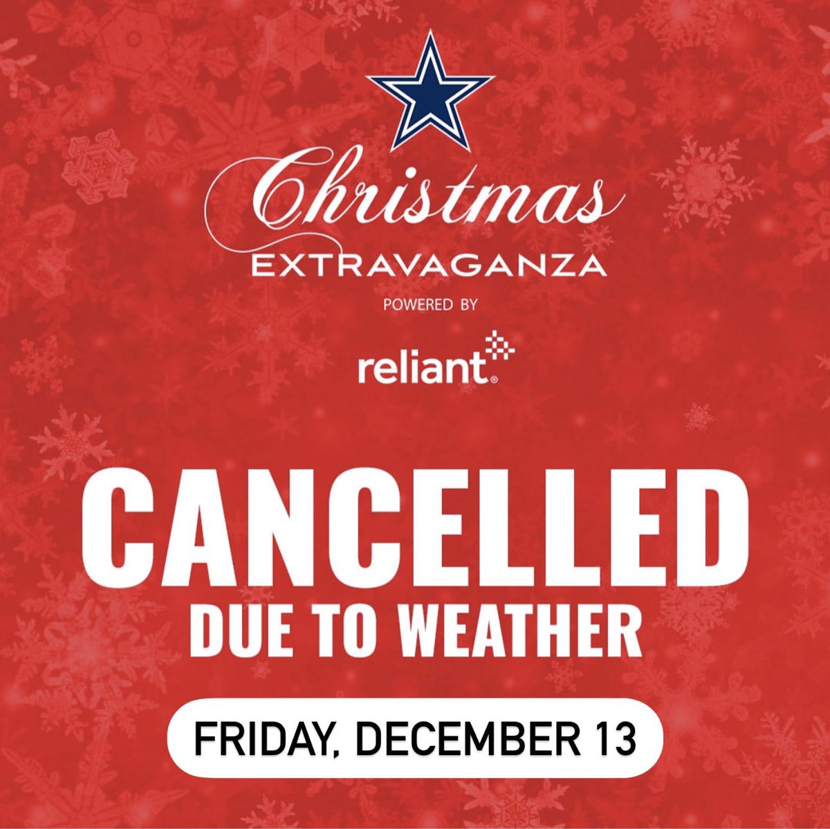 The Star In Frisco (@thestarinfrisco) on Twitter photo Due to inclement weather, the Friday (12/13) show of Cowboys Christmas Extravaganza powered by <a href="/reliantenergy/">reliantenergy</a> is cancelled.
We hope to see you tomorrow for the 12/14 show! Visit thestardistrict.com for more info. Due to inclement weather, the Friday (12/13) show of Cowboys Christmas Extravaganza powered by <a href="/reliantenergy/">reliantenergy</a> is cancelled.
We hope to see you tomorrow for the 12/14 show! Visit thestardistrict.com for more info.