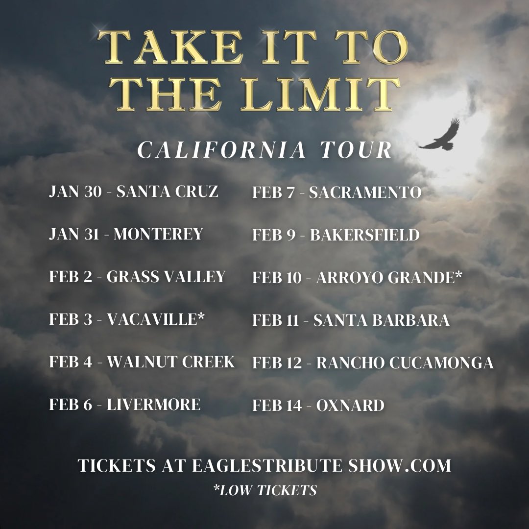 mooncoinlive's tweet photo. 🌴 California, we’re coming for you! 🎶 Get ready to experience the ultimate Eagles tribute live with Take It To The Limit! 🎸✨

🎟️ Tickets are on sale now—get yours at https://t.co/FlLP8fY4bA

#EaglesTribute #TakeItToTheLimit #CaliforniaTour #LiveMusic https://t.co/M1YrGVJltE
